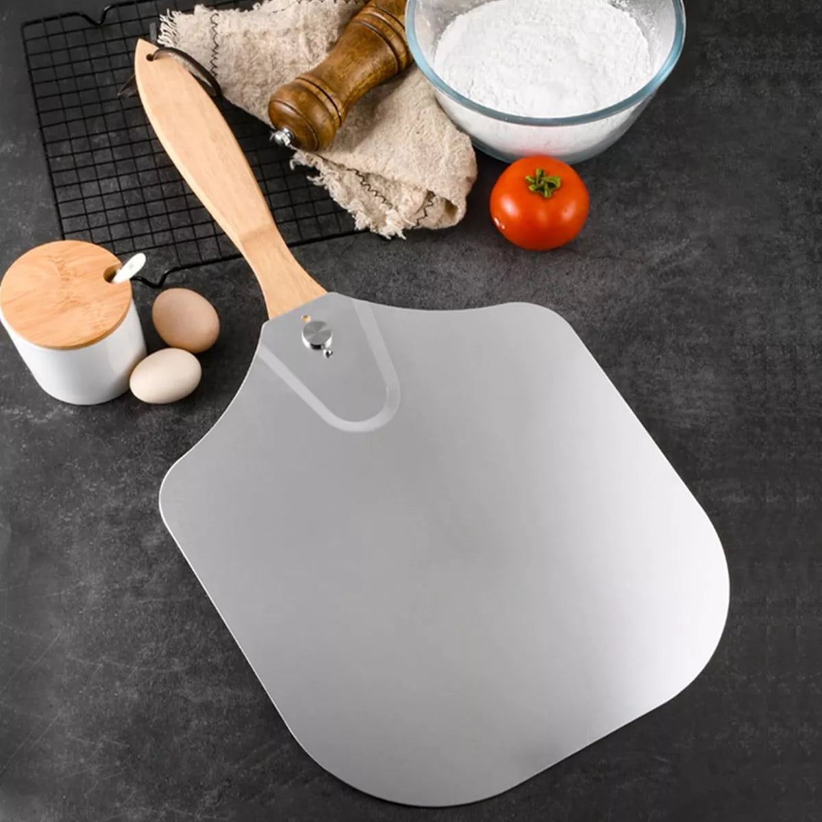 Set Pala + Espatula + Cortador Para Pizza Con Mango Madera Acero 60cm