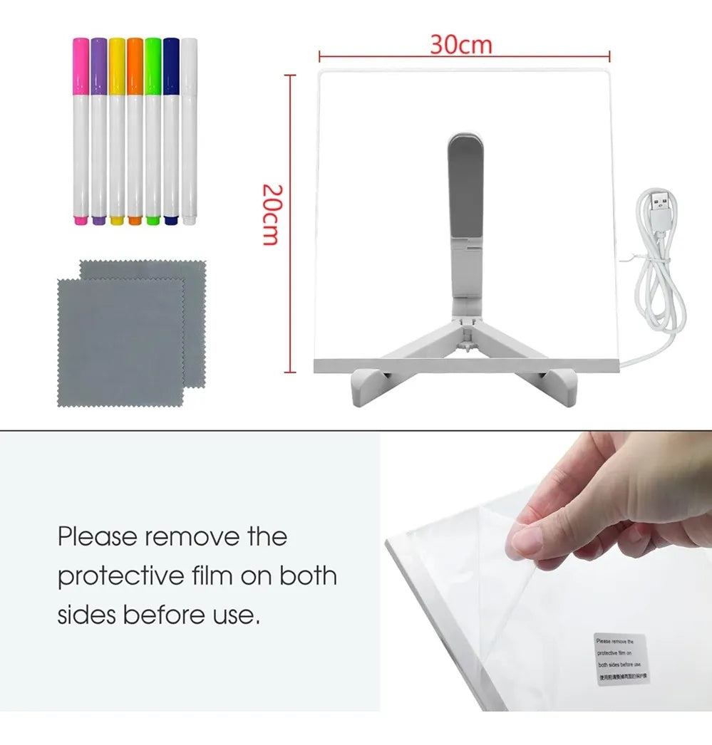 Pizarra Led Acrilica Transparente C/ Luz + Plumones 20x30 Cm