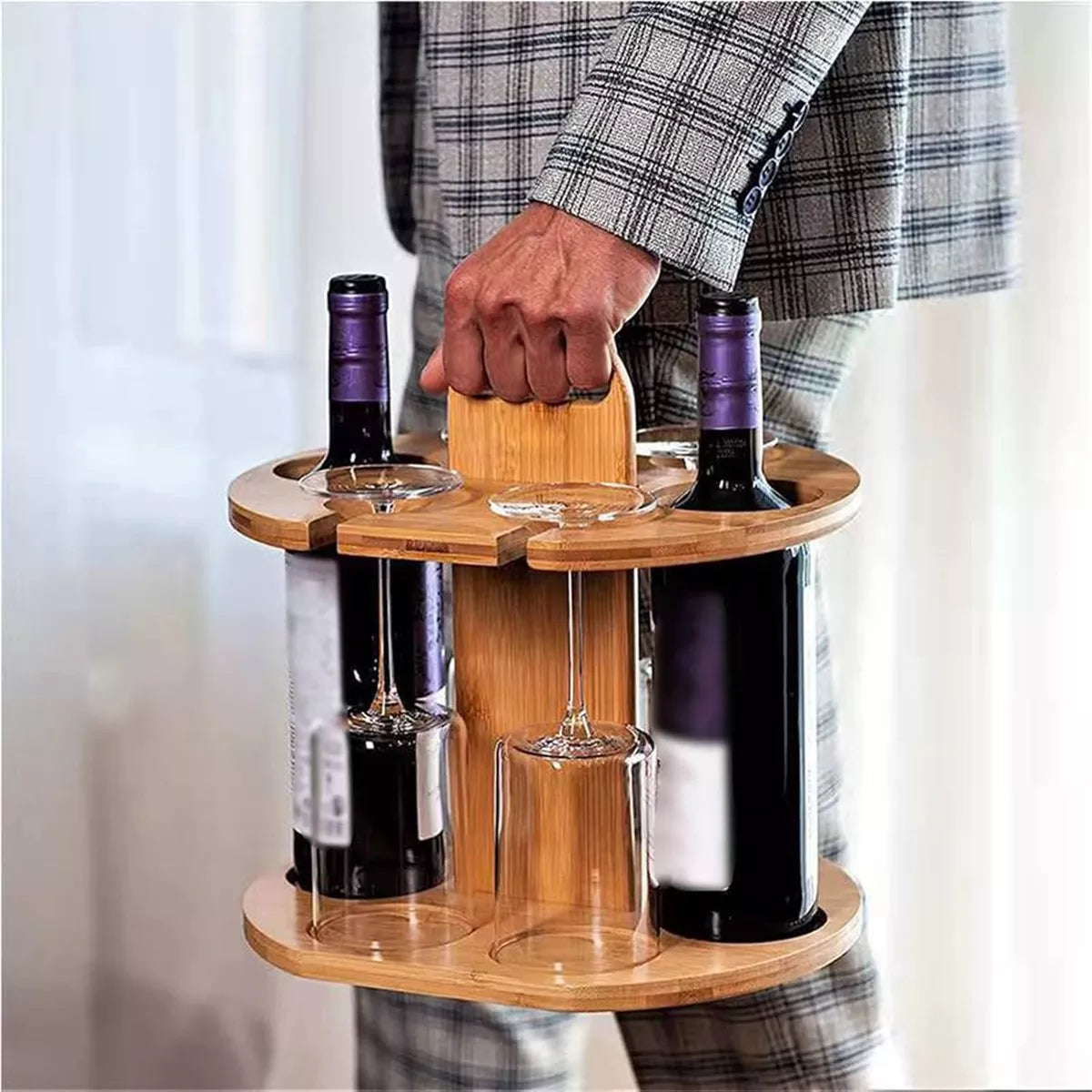 Porta Vinos Soporte Para Copas Y Botellas De Vino De Bambu