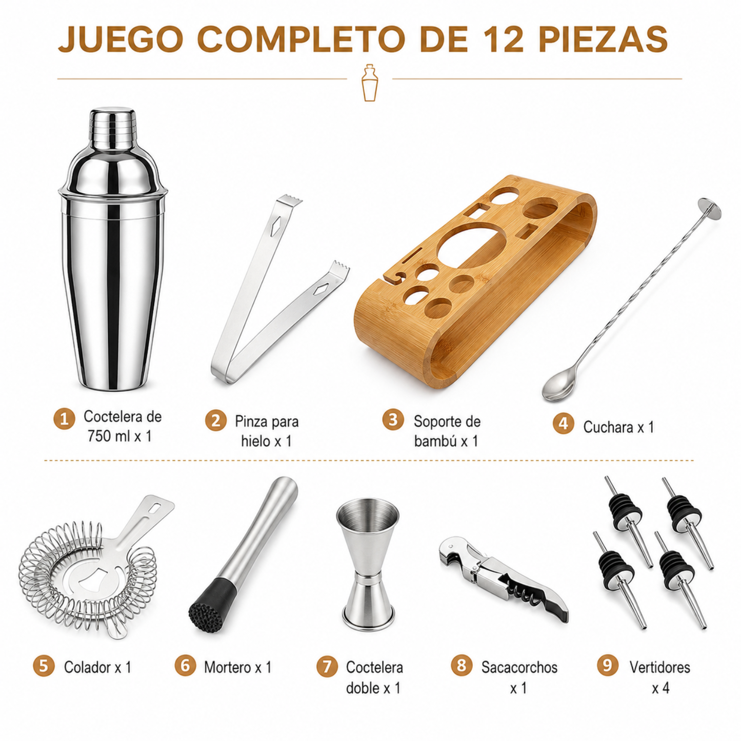 Set Cocteleria Profesional Coctelera Acero Inoxidable 12pcs