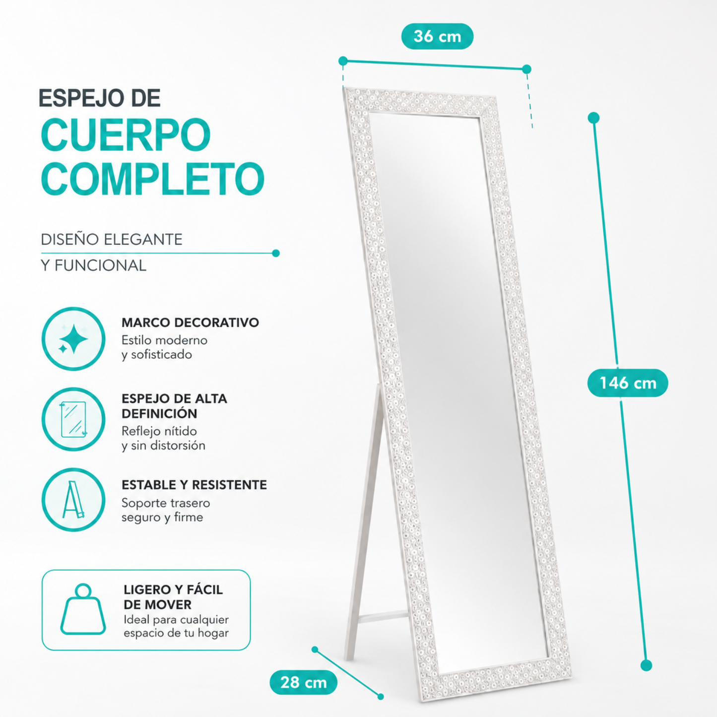 Espejo Pedestal Rectangular Espejo Cuerpo Entero 146x36cm