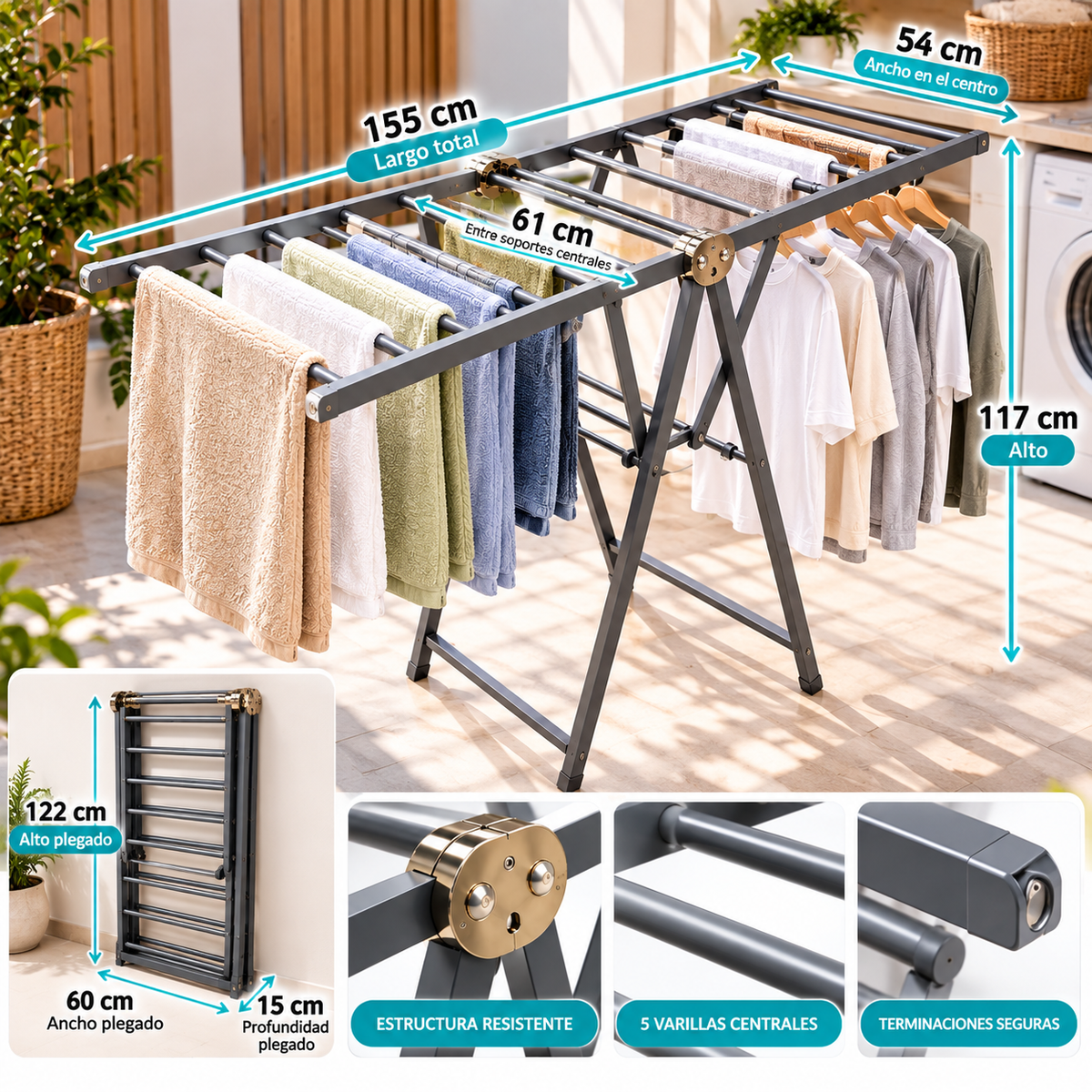 Tendedero Colgador De Ropa Plegable Ajustable Acero Inox