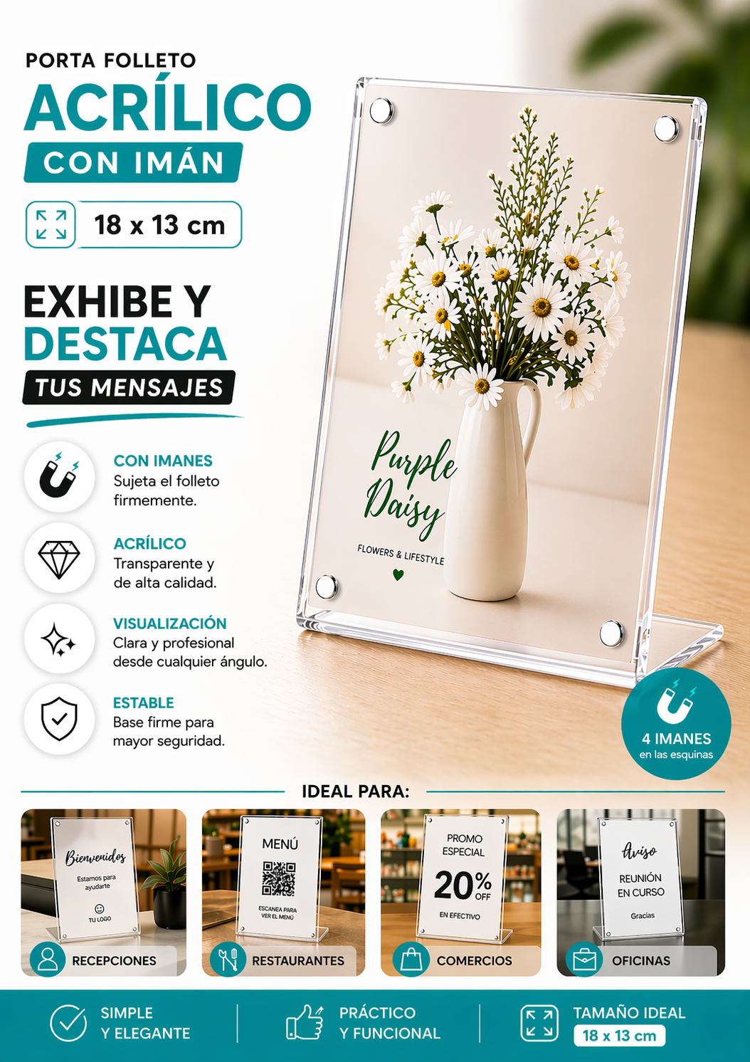 Porta Folleto Menu Flayer Fotos Soporte Iman Acrilico 18x13cm