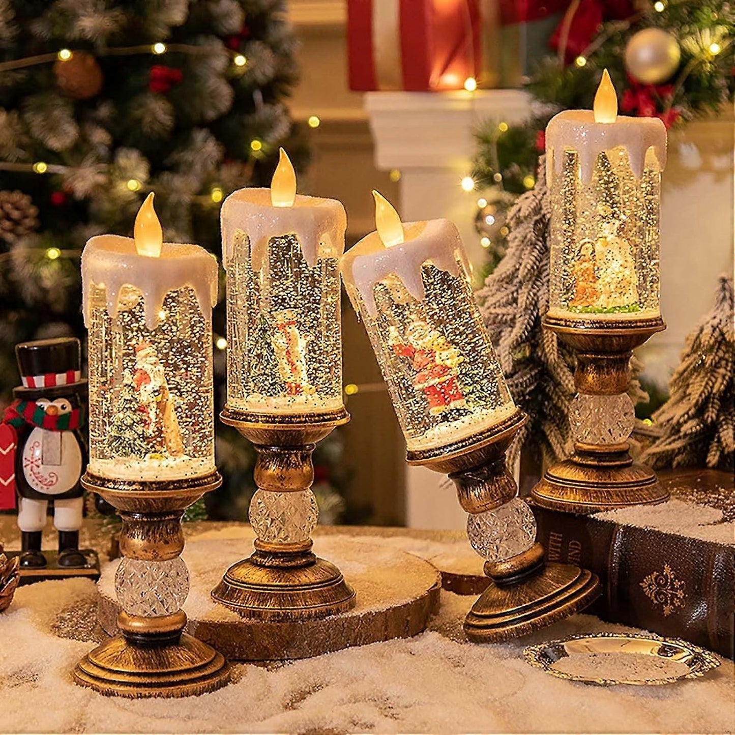 Vela De Navidad Led Con Nieve Artificial Decorativa 26cm