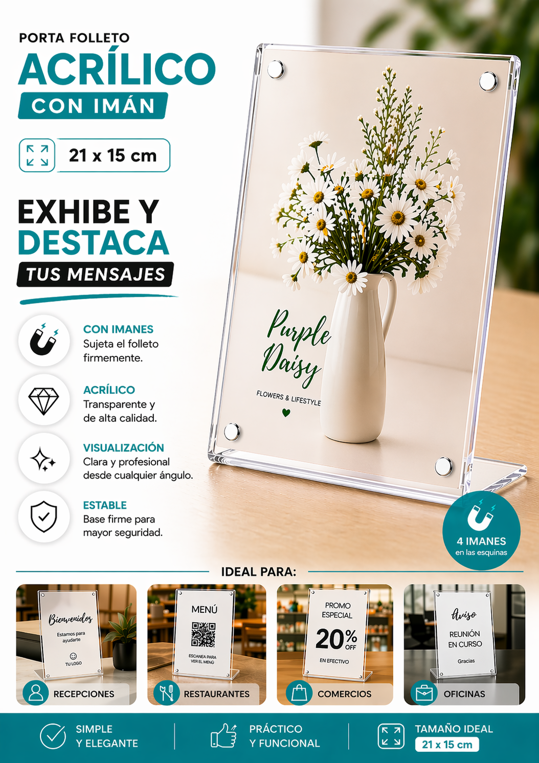 Porta Folleto Menu Flayer Fotos Soporte Iman Acrilico 21x15cm