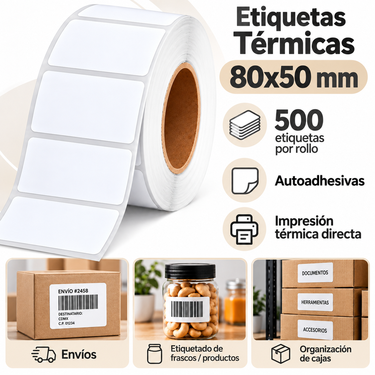 Etiquetas Térmicas Autoadhesivas 80x50mm Rollo 500 Unidades