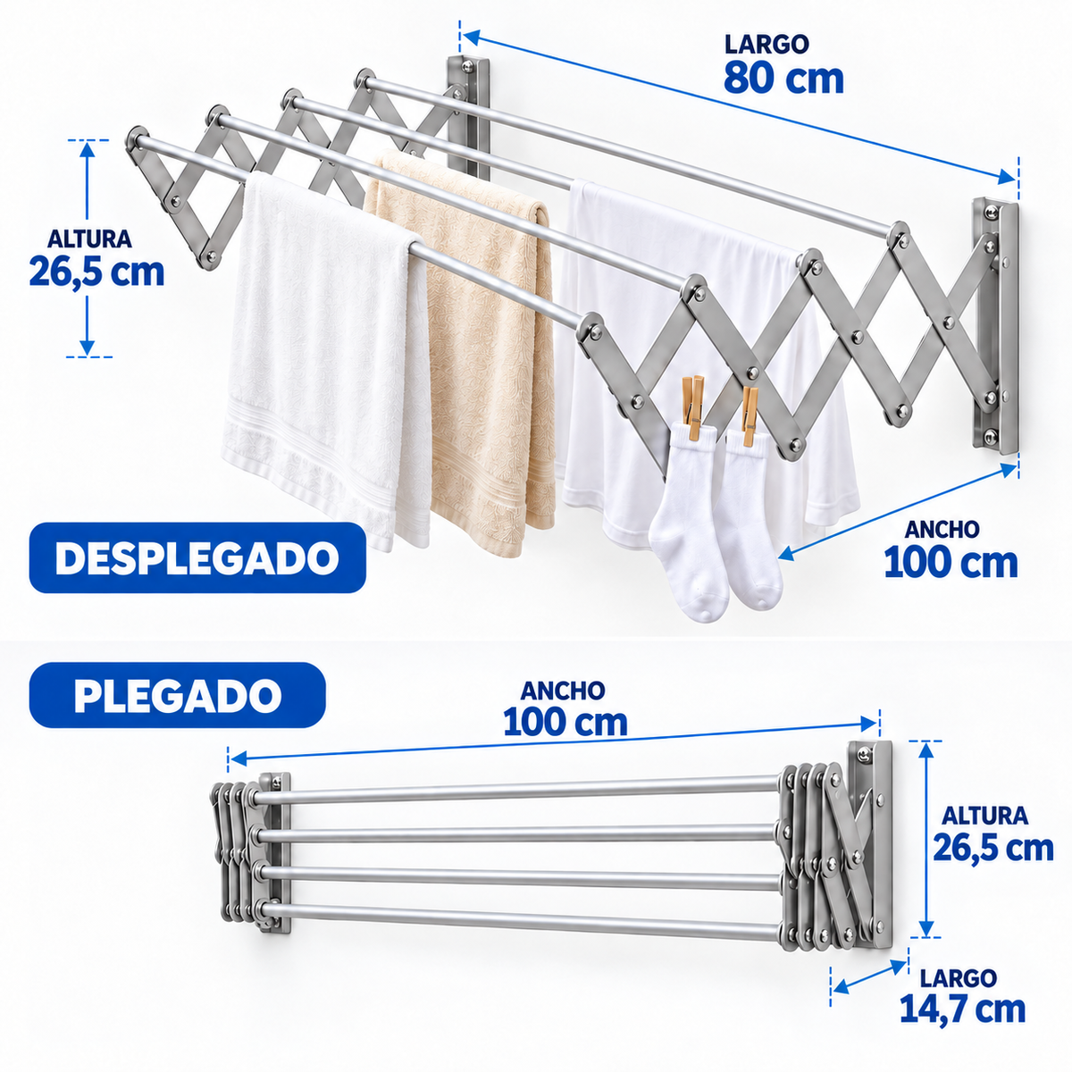 Tendedero De Ropa Plegable Retractil Pared Extensible 100cm