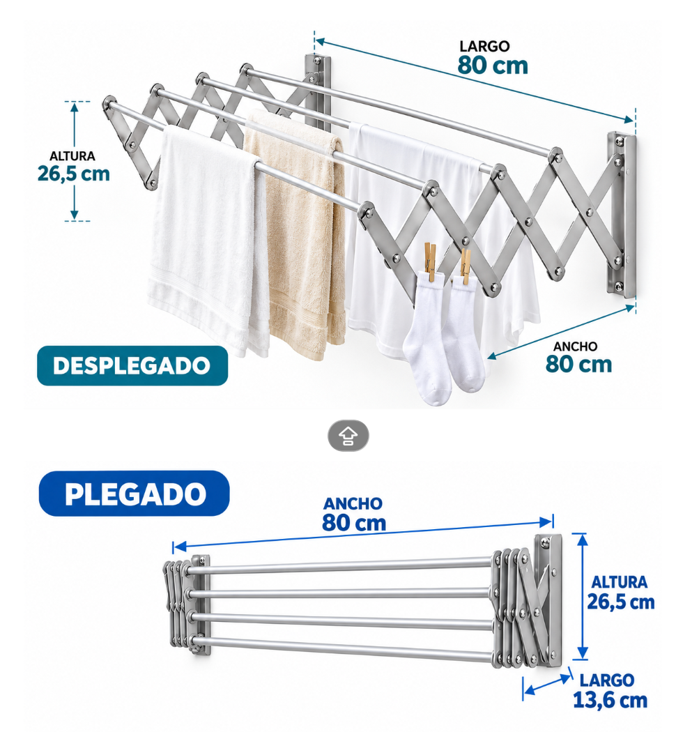 Tendedero De Ropa Plegable Retractil Pared Extensible 80cm