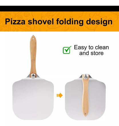 Set Pala + Espatula Para Pizza Con Mango Madera Acero 60cm