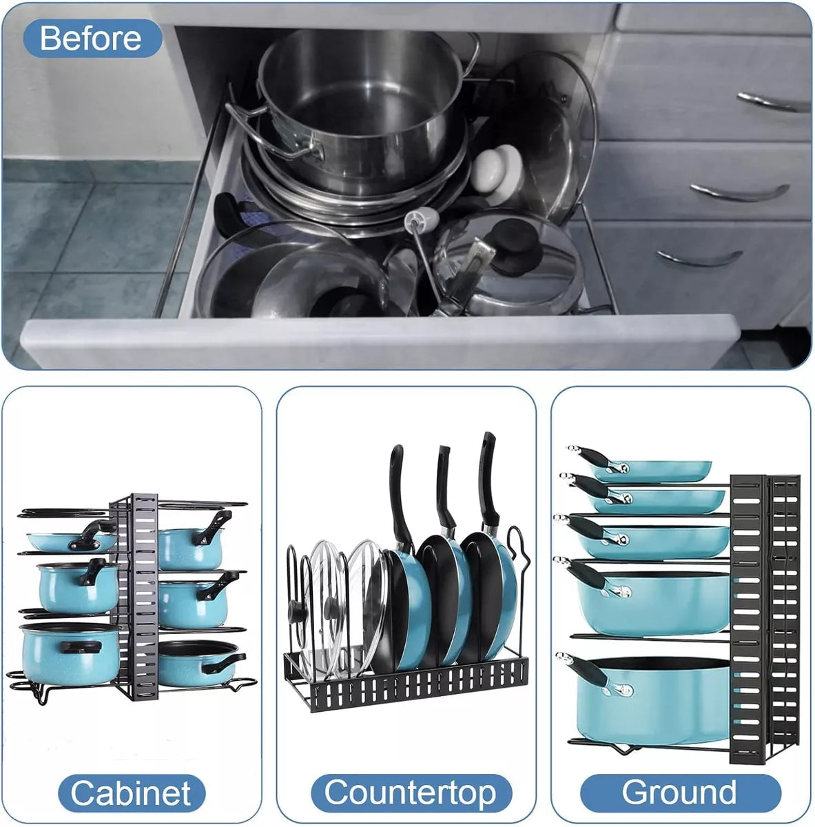 Organizador Ajustable 8 Niveles Para Ollas Sartenes Y Tapas