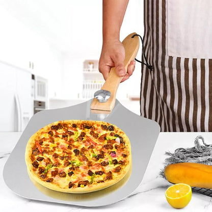 Set Pala + Espatula Para Pizza Con Mango Madera Acero 60cm