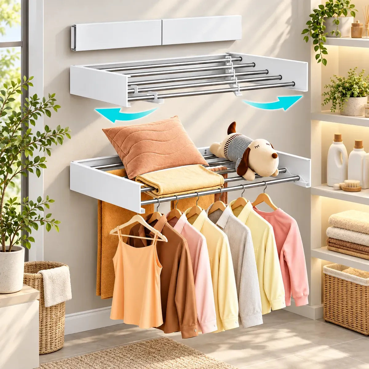 Tendedero De Ropa Plegable Colgador Retractil Pared 80cm