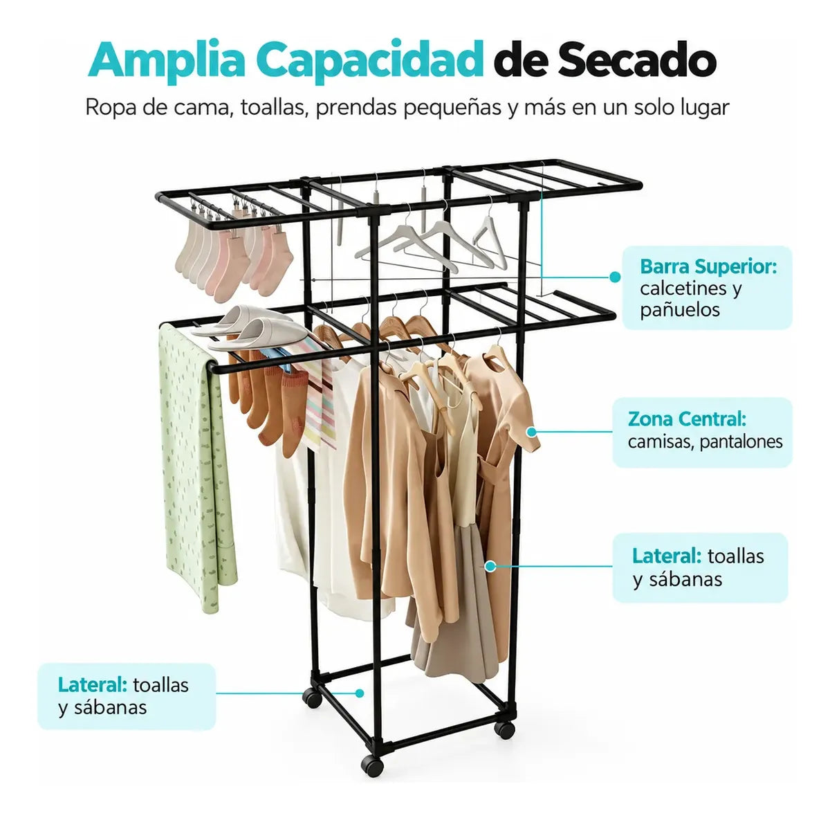 Tendedero Doble Multifuncional Colgador De Ropa Con Ruedas