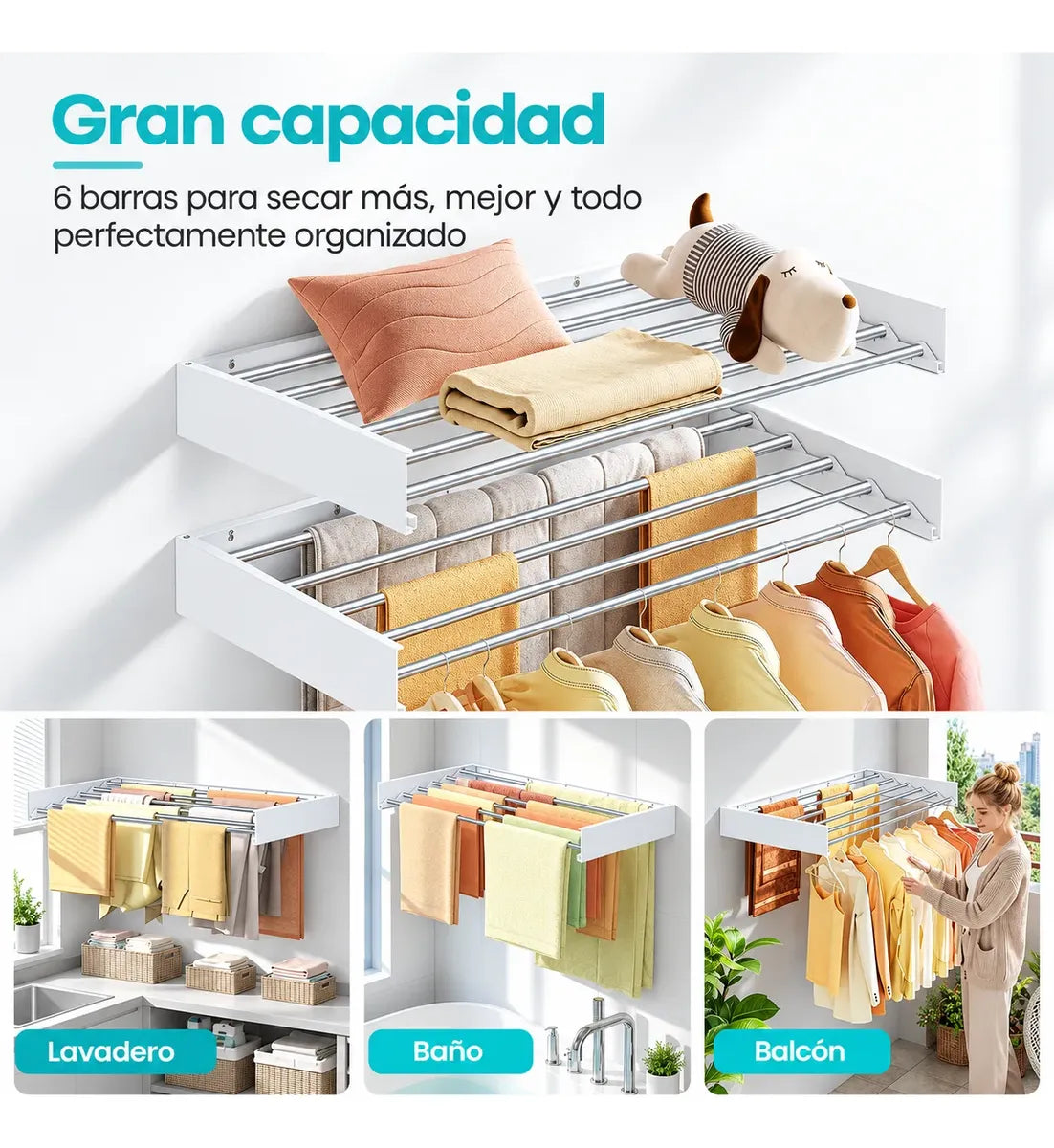 Tendedero De Ropa Plegable Colgador Retractil Pared 80cm