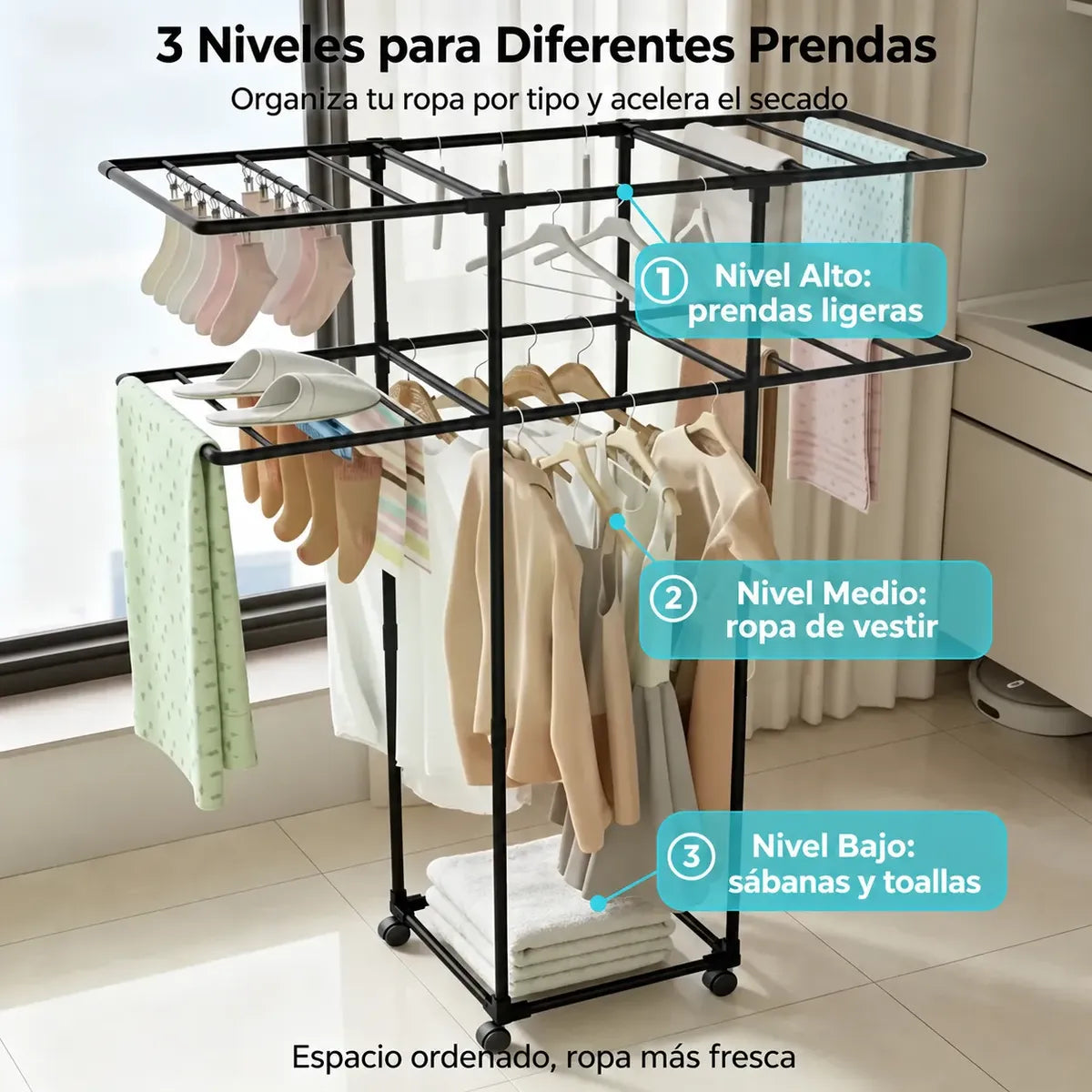 Tendedero Doble Multifuncional Colgador De Ropa Con Ruedas