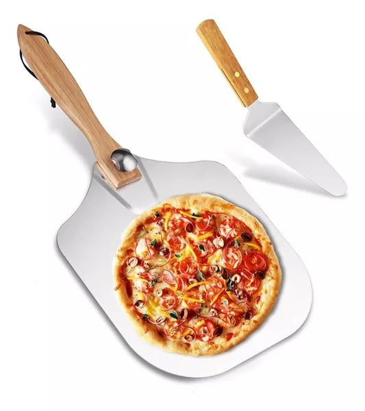 Set Pala + Espatula Para Pizza Con Mango Madera Acero 60cm