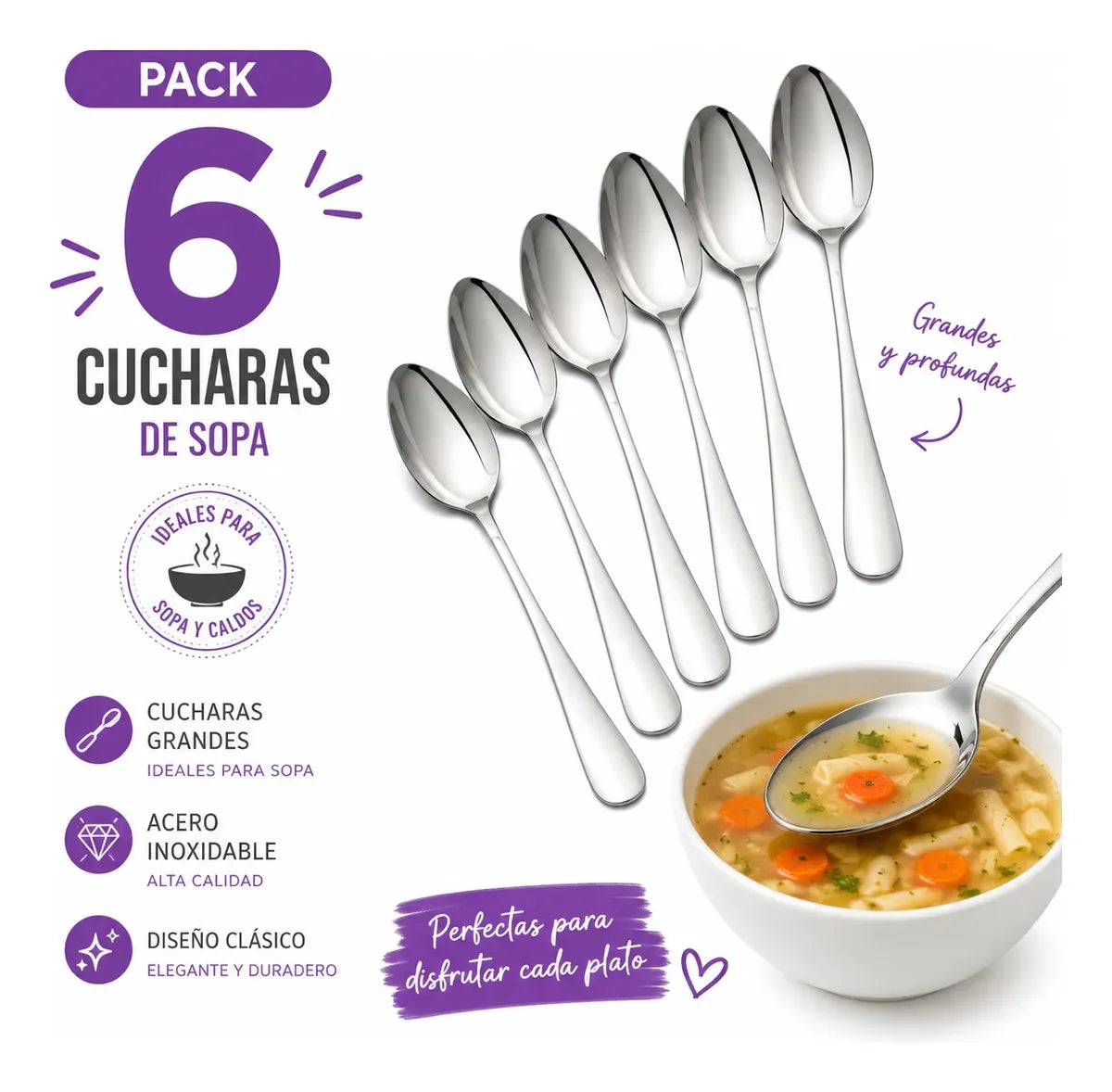 Pack X6 Cucharas Grandes Para Servir Sopa Acero Inoxidable