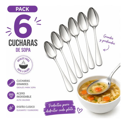 Pack X6 Cucharas Grandes Para Servir Sopa Acero Inoxidable