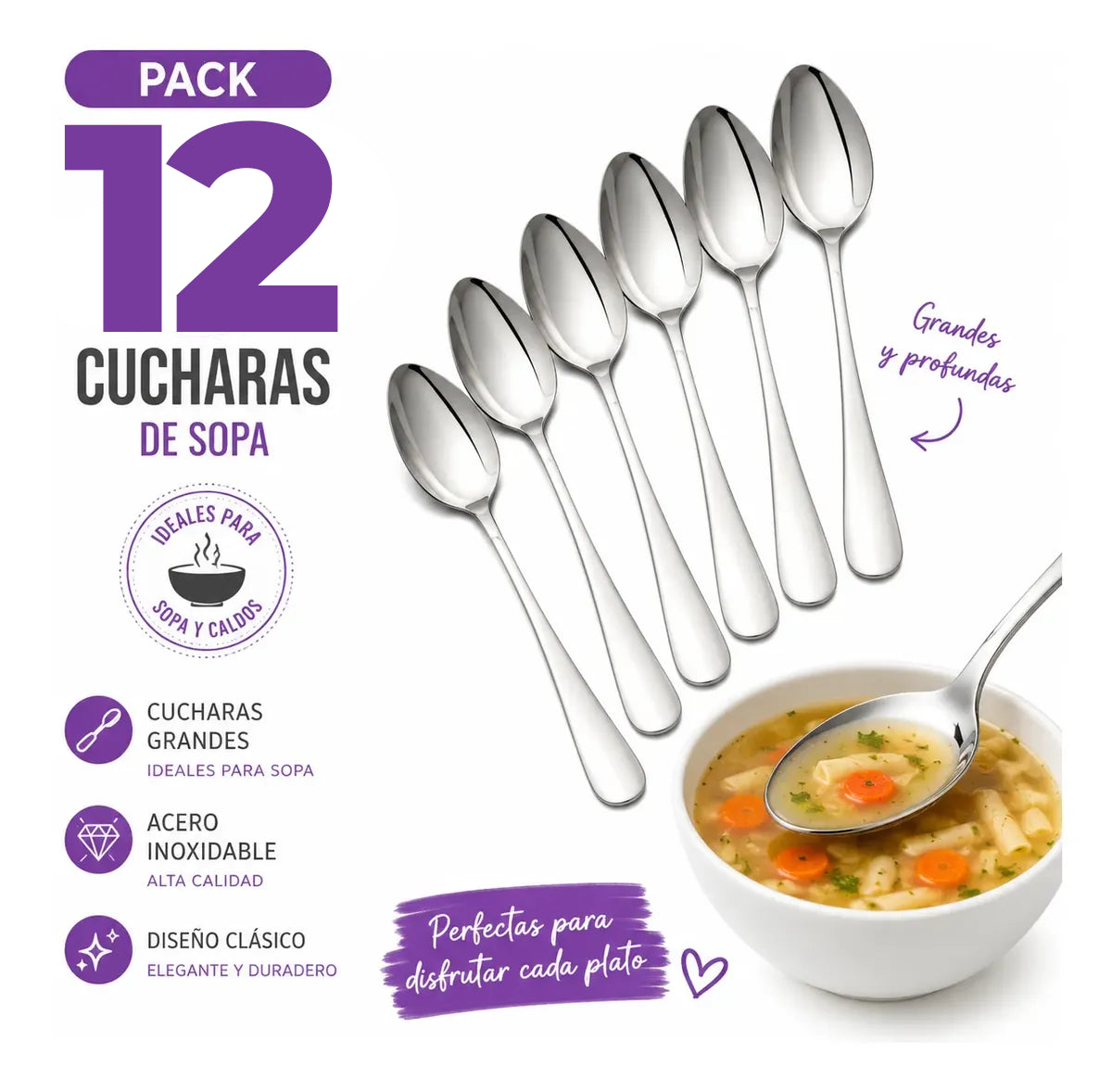 Pack X12 Cucharas Grandes Para Servir Sopa Acero Inoxidable