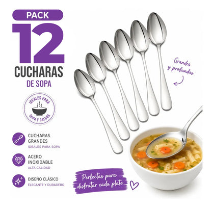 Pack X12 Cucharas Grandes Para Servir Sopa Acero Inoxidable