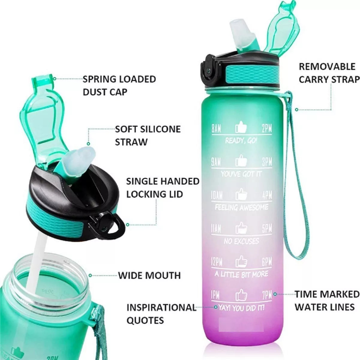 Botella De Agua 1 Litro Motivacional Deportiva Agua Diaria