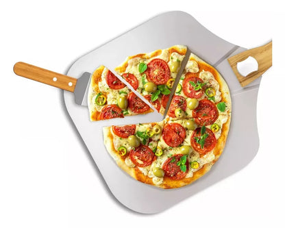 Set Pala + Espatula Para Pizza Con Mango Madera Acero 60cm