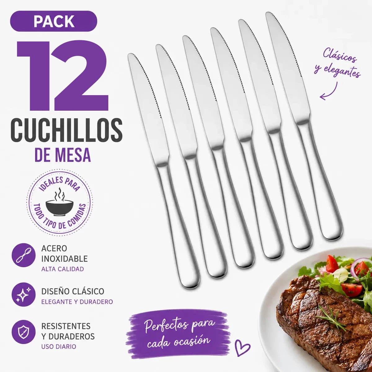 Pack X12 Cuchillos De Mesa Acero Inoxidable Cuchillo Cocina