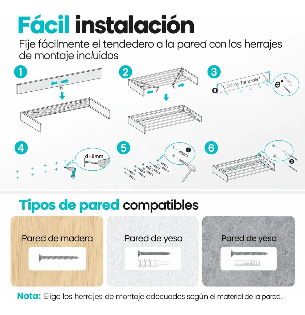 Tendedero De Ropa Plegable Colgador Retractil Pared 80cm