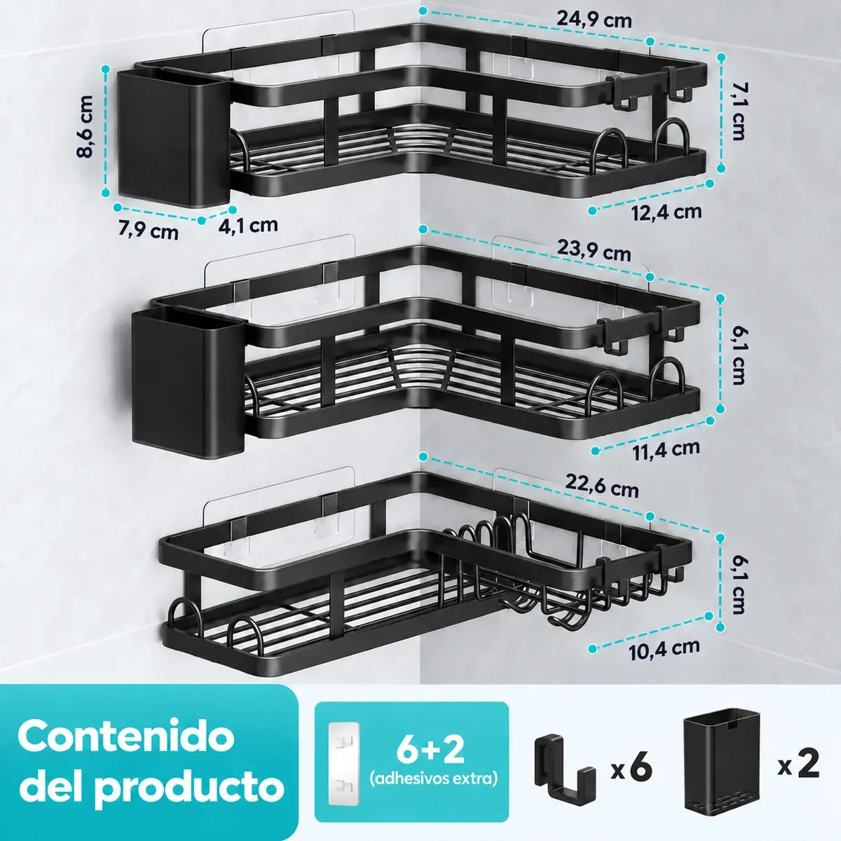 Pack X3 Esquinero Organizador Ducha Acero Inoxidable Baño