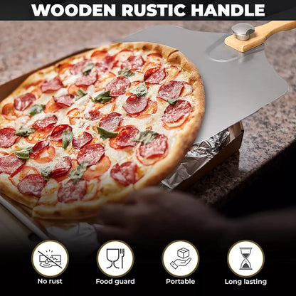 Set Pala + Espatula Para Pizza Con Mango Madera Acero 60cm