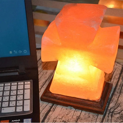 Lampara De Sal Del Himalaya Natural Con Base De Madera Cruz
