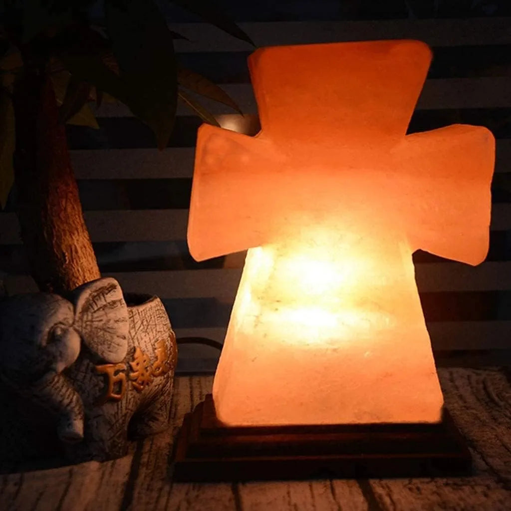 Lampara De Sal Del Himalaya Natural Con Base De Madera Cruz