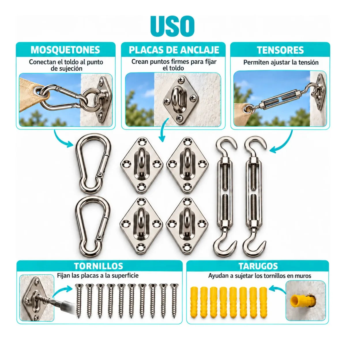 Kit Instalacion Vela Sombra Vela Anclaje Toldos Gancho 40pcs