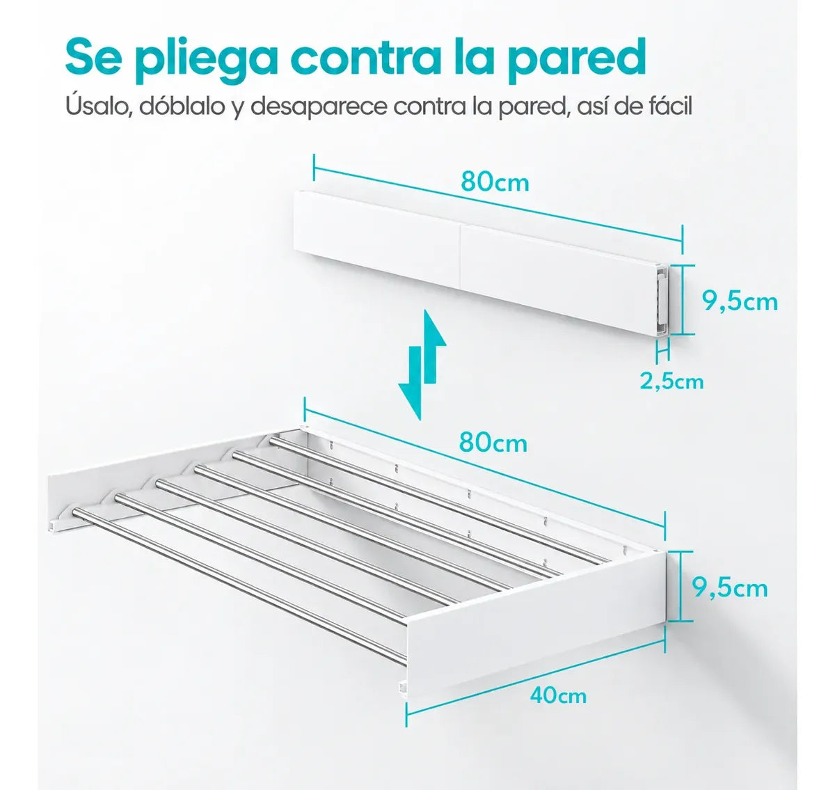 Tendedero De Ropa Plegable Colgador Retractil Pared 80cm