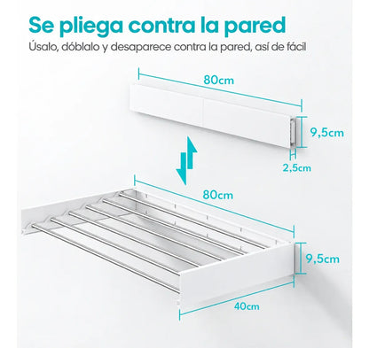 Tendedero De Ropa Plegable Colgador Retractil Pared 80cm