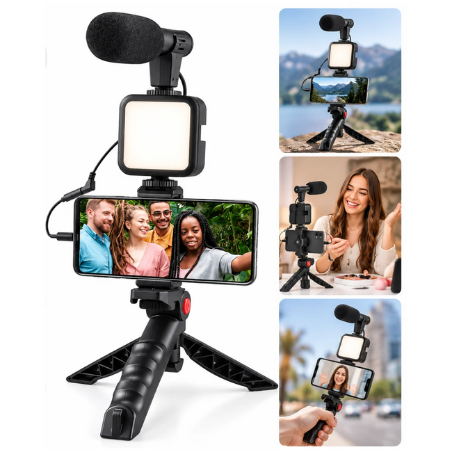 Kit De Grabacion Estabilizador Vlogging Celular Tripode Luz Led Micrófono