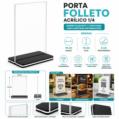 Porta Folleto Base Acrilica Transparente 16x10cm 1/4 Carta
