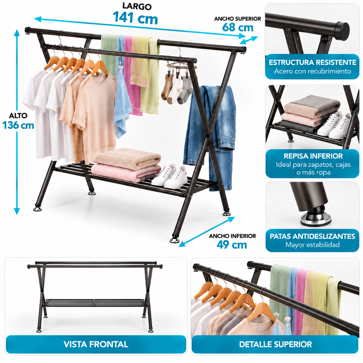 Tendedero Ropa Colgador Plegable Ajustable Extensible 141cm