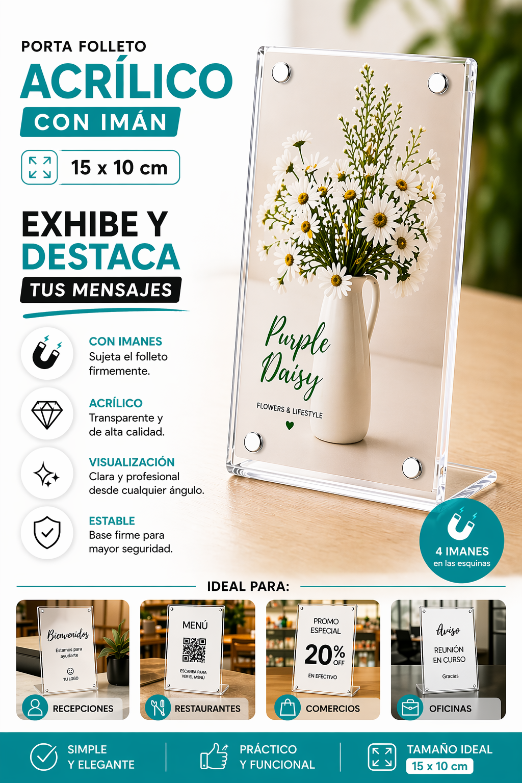 Porta Folleto Menu Flayer Fotos Soporte Iman Acrilico 15x10cm