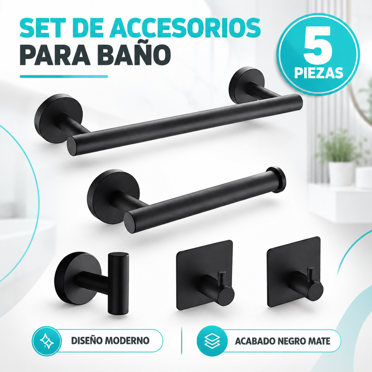 Set 5 Accesorios Baño Toallero Portarrollos Acero Inoxidable
