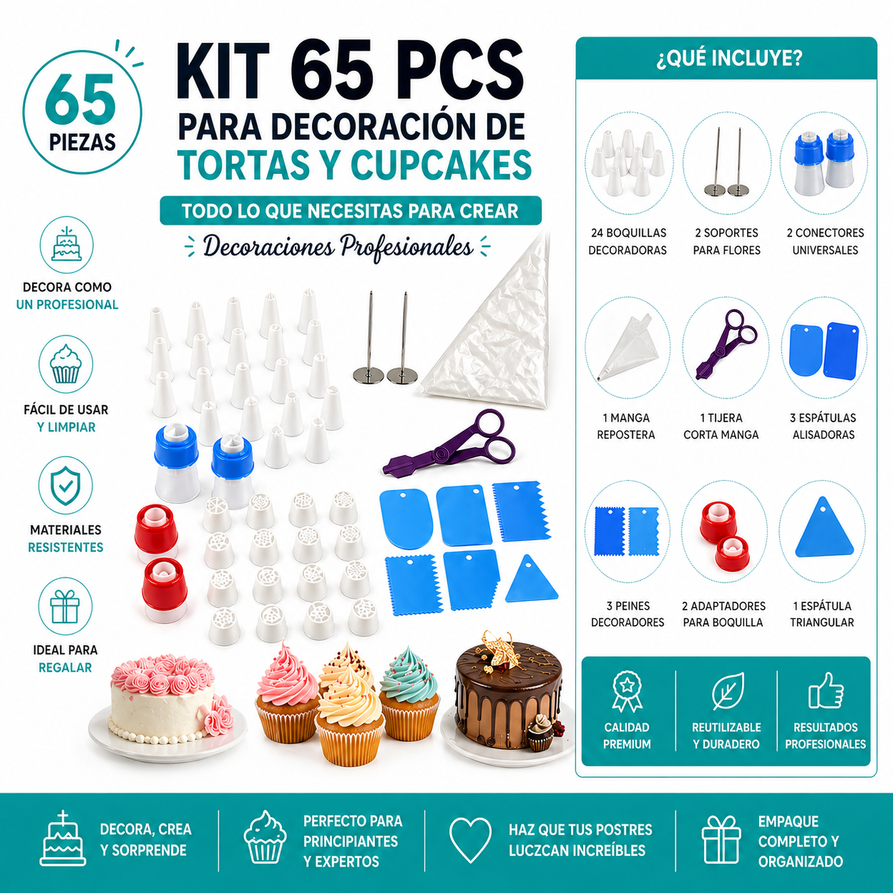 Set Kit De Decoración De Tortas Y Cupcakes Reposteria 65 Pcs