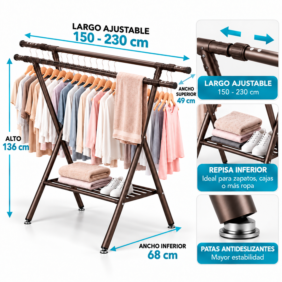 Tendedero De Ropa Plegable Ajustable Extensible 150-230cm
