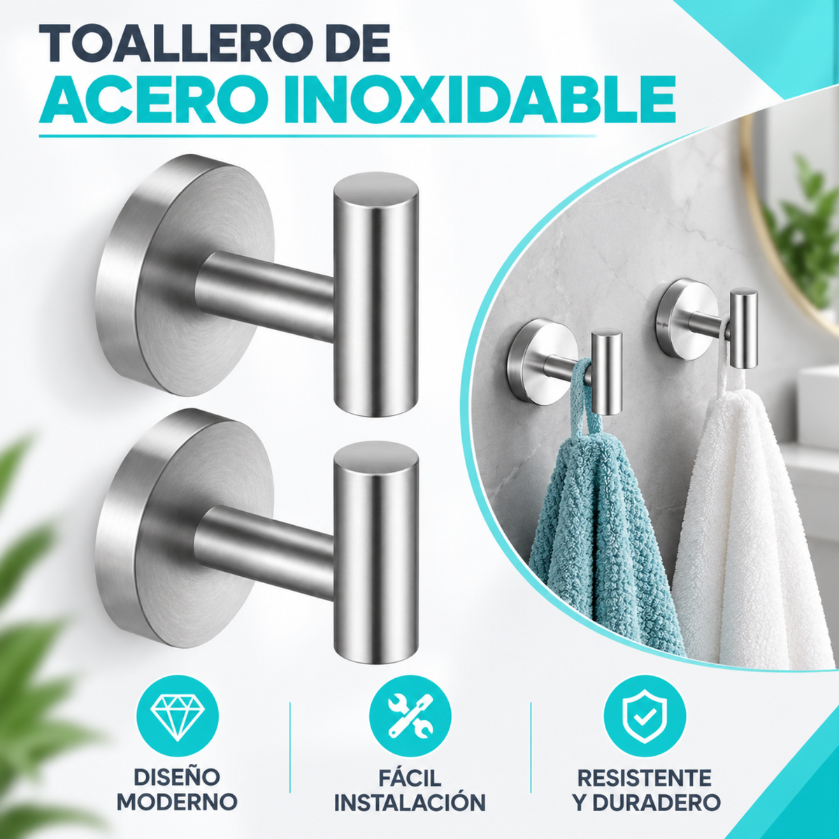 Pack x2 Toallero Baño Acero Inoxidable Cepillado con Ganchos