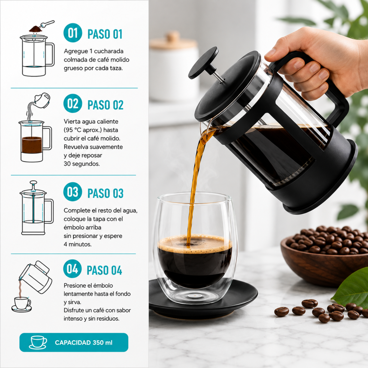 Prensa Francesa Cafetera Francesa Manual Cafe Te Mate 350ml