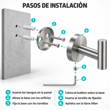 Pack x2 Toallero Baño Acero Inoxidable Cepillado con Ganchos