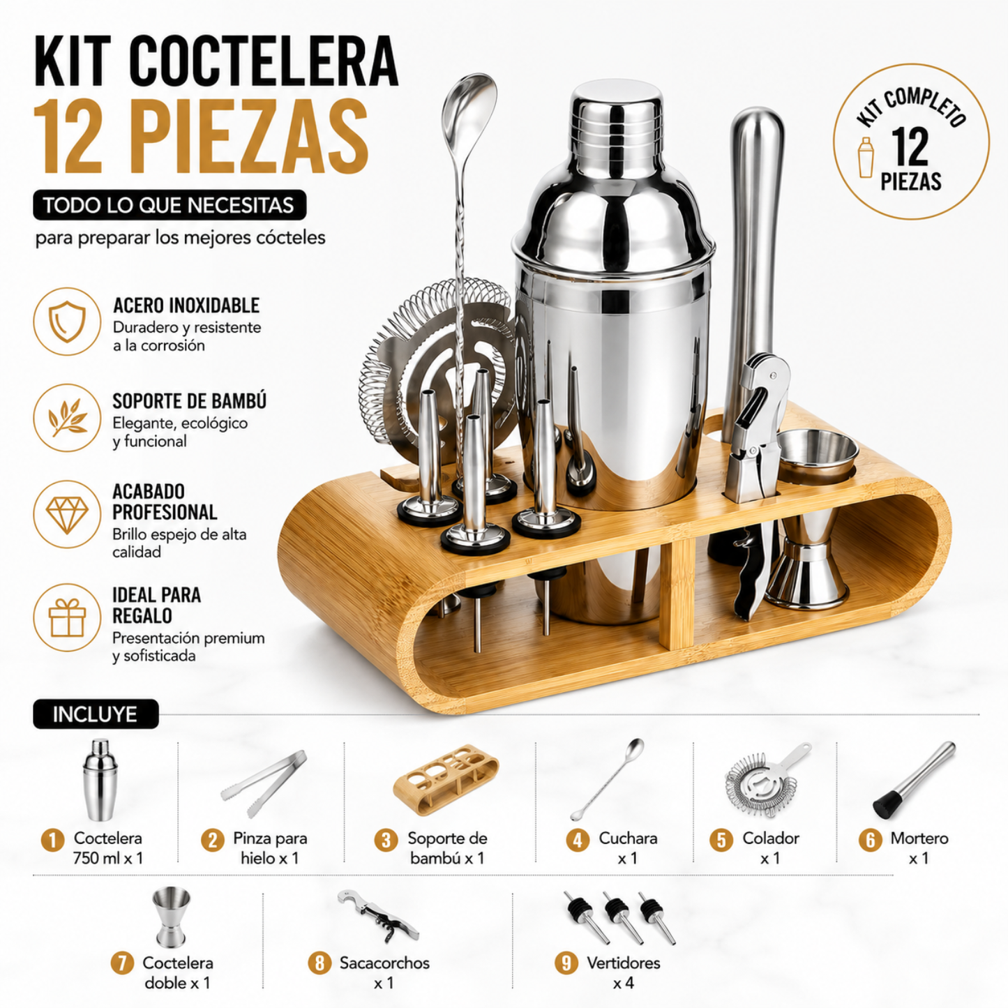 Set Cocteleria Profesional Coctelera Acero Inoxidable 12pcs