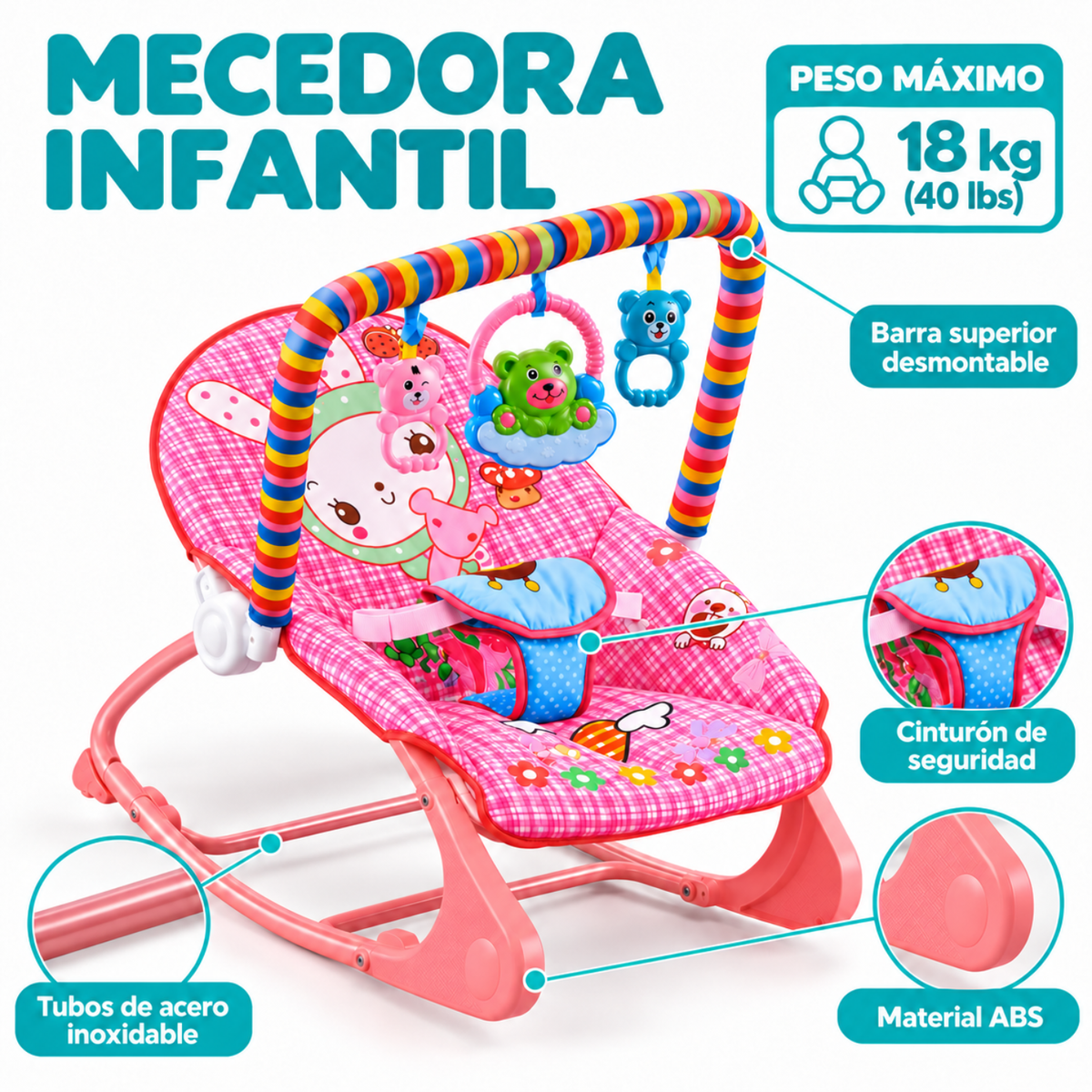 Silla Nido Mecedora Musical Para Bebe Con Juegos Rosa