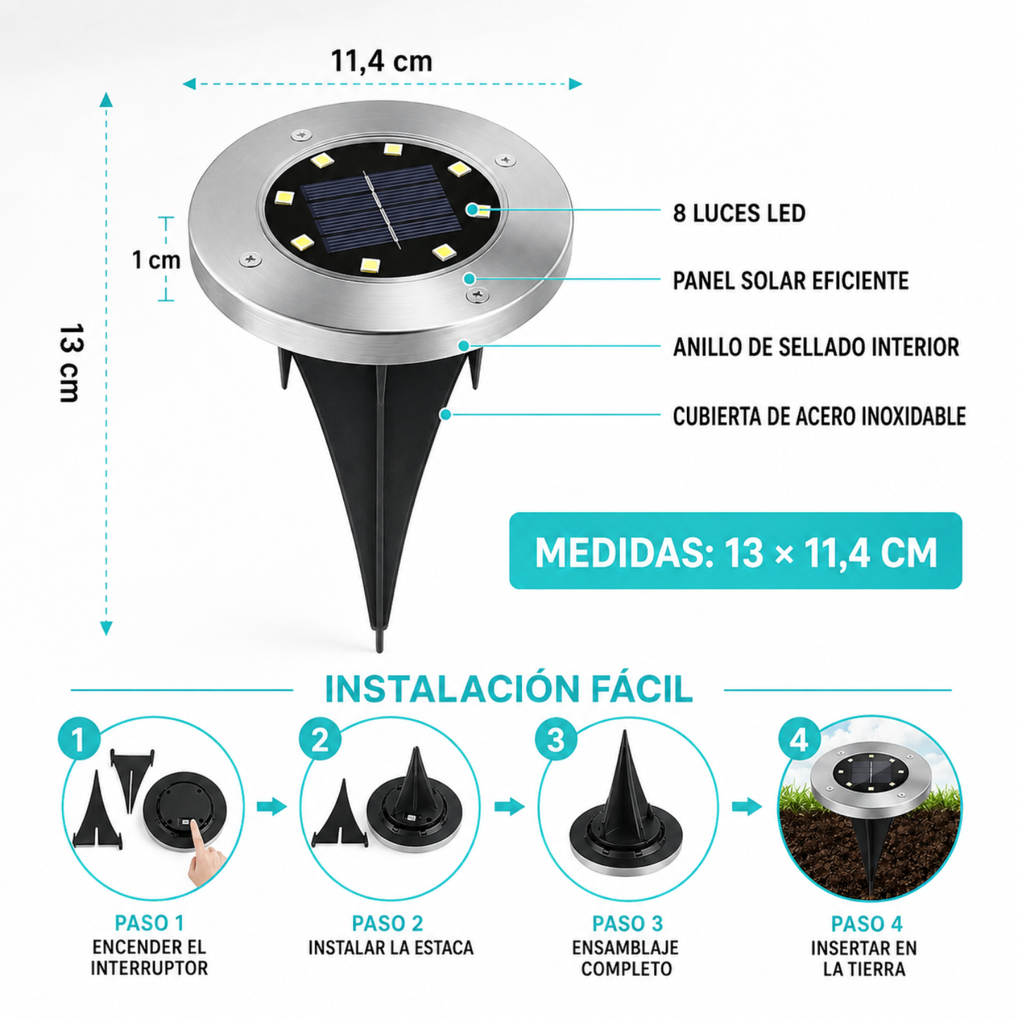 X4 Focos Solares 8 Led Luz Calido Con Estaca Para Exterior