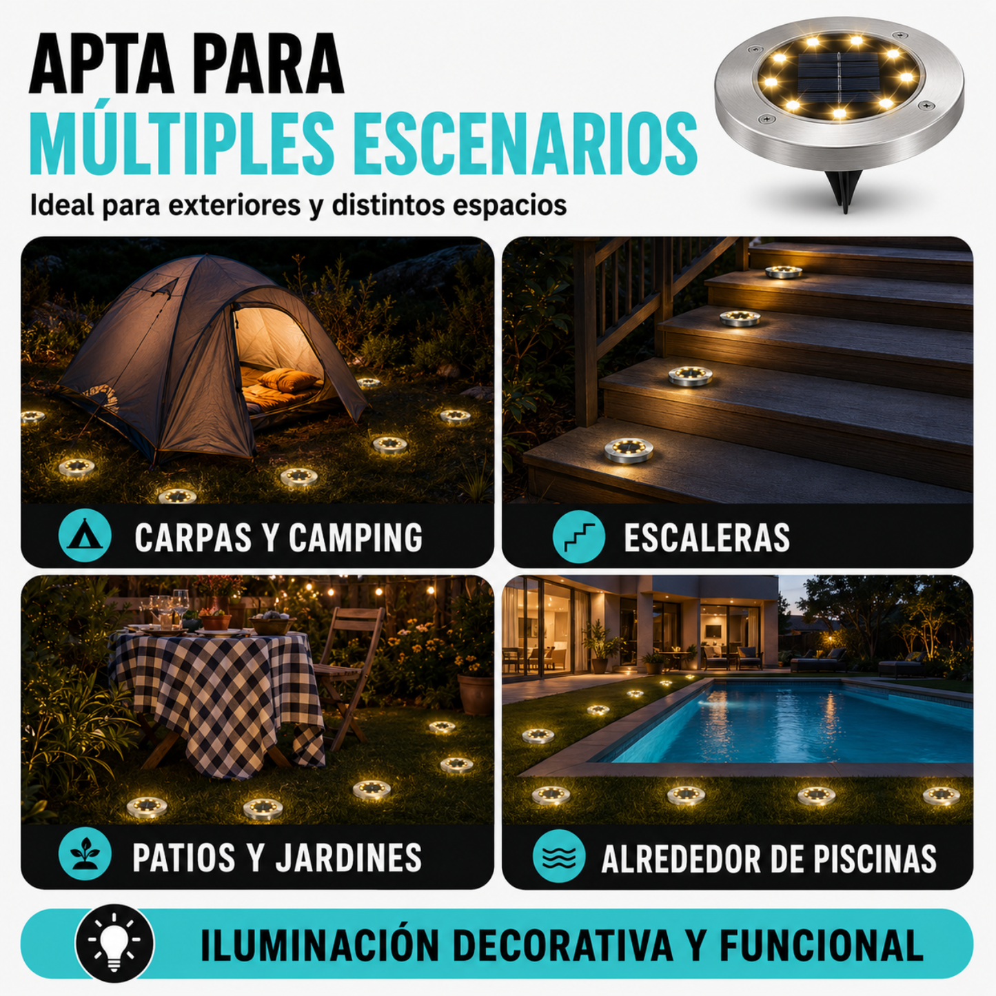 X4 Focos Solares 8 Led Luz Calido Con Estaca Para Exterior
