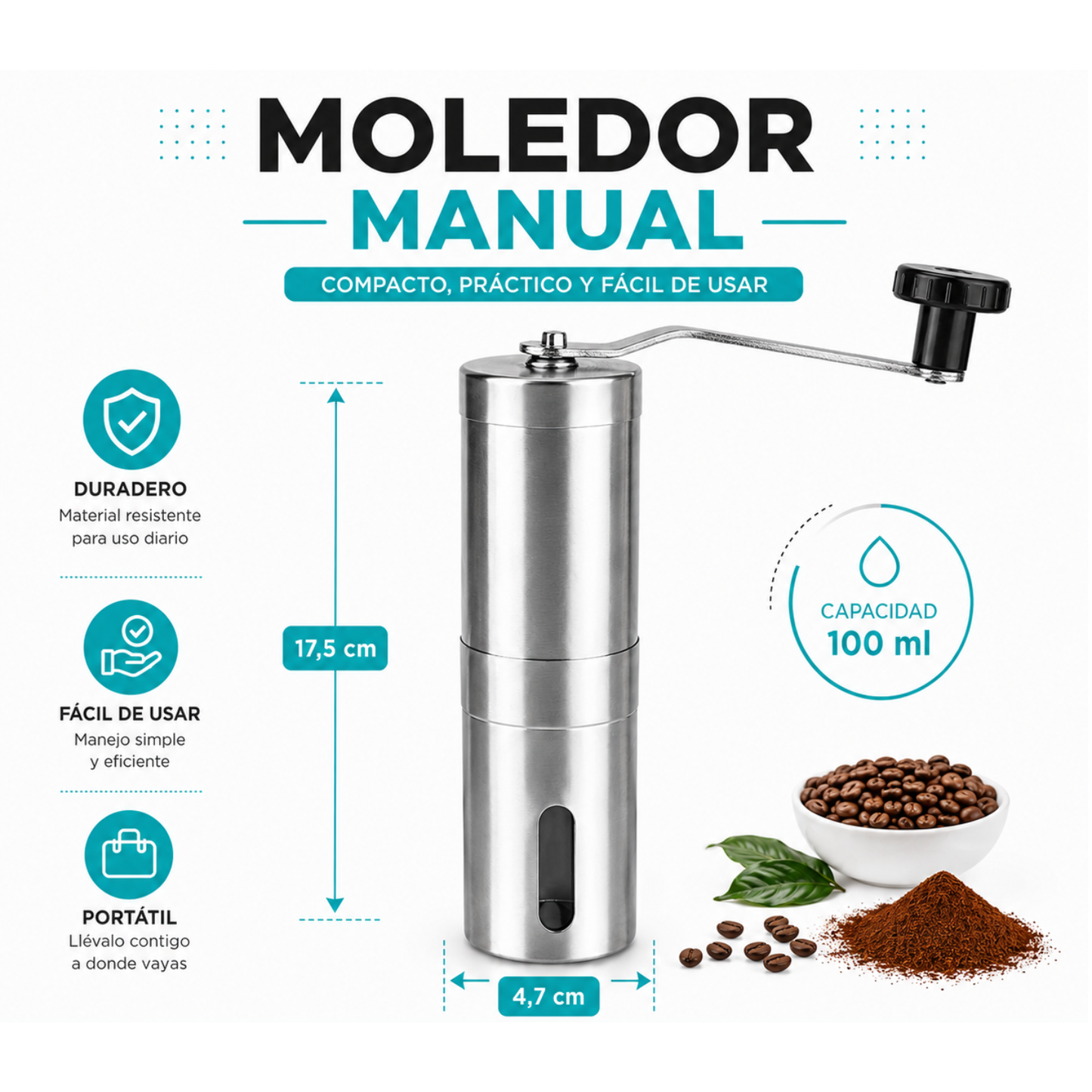 Molinillo Manual Moledor De Cafe Triturador Acero 100ml